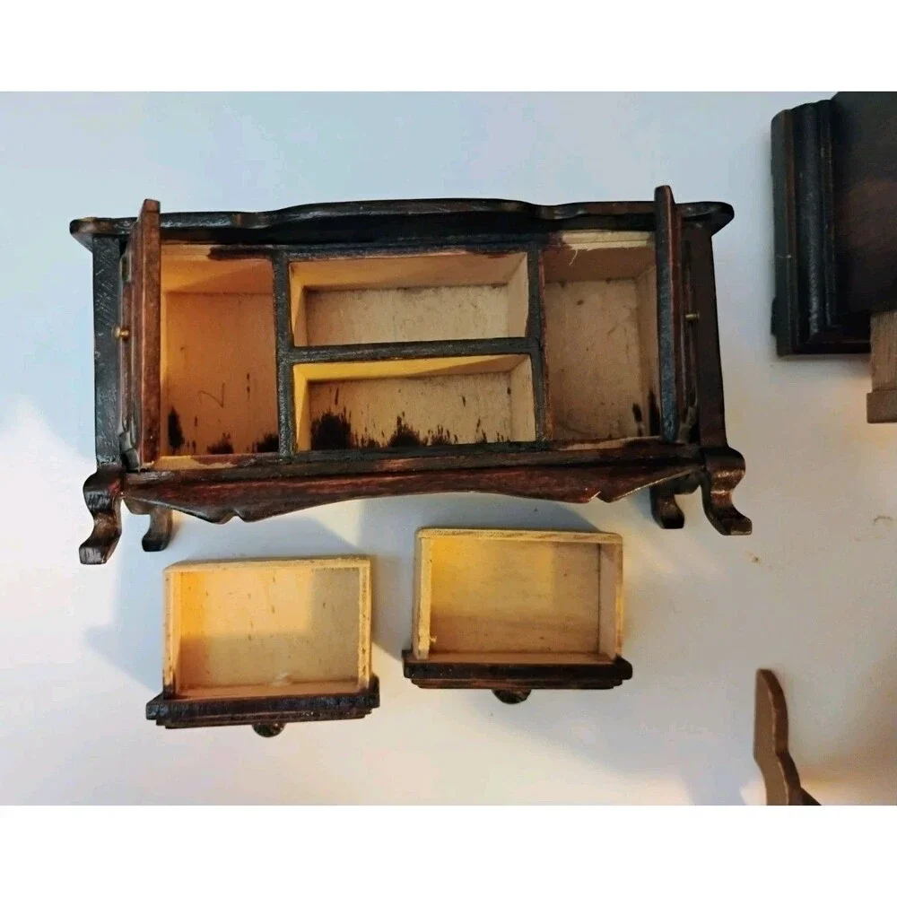 Vtg 1:12 Scale Wooden Dollhouse Furniture Lot Wardrobe Dresser Crib Chairs as-is
